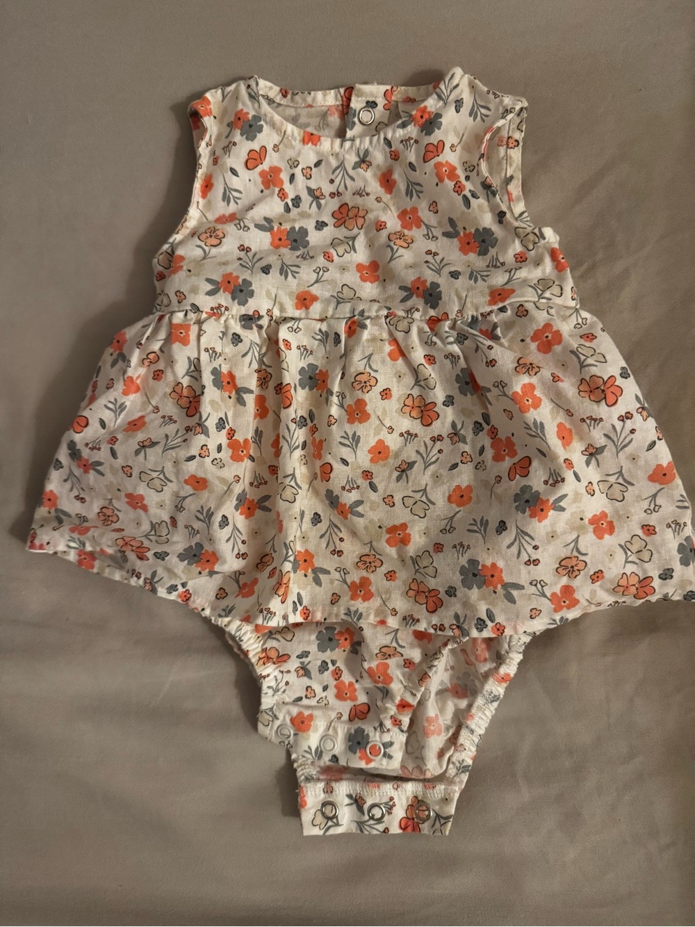 Baby Floral Sleeveless Romper Dress in White with Orange & Gray Flowers